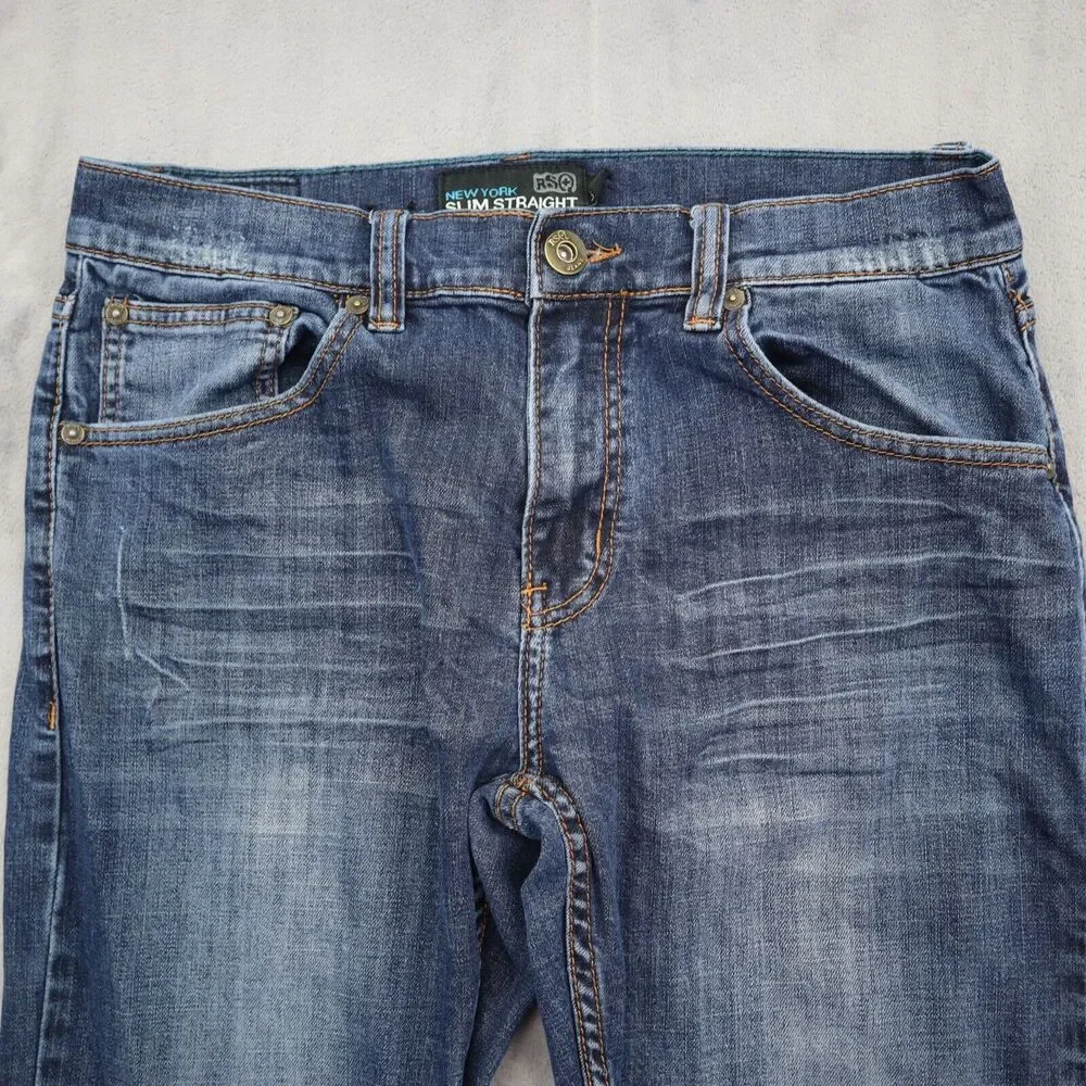 RS Pants Mens 32 Blue New York Slim Straight Mid Rise Zip Dark Wash Denim Jeans